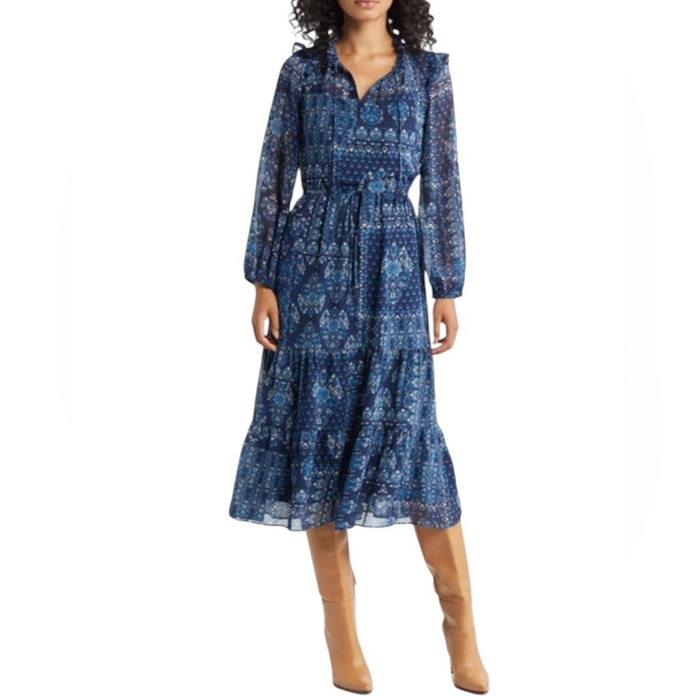 Julia Jordan blue multi printed tiered maxi dress sheer size 16 new raffle